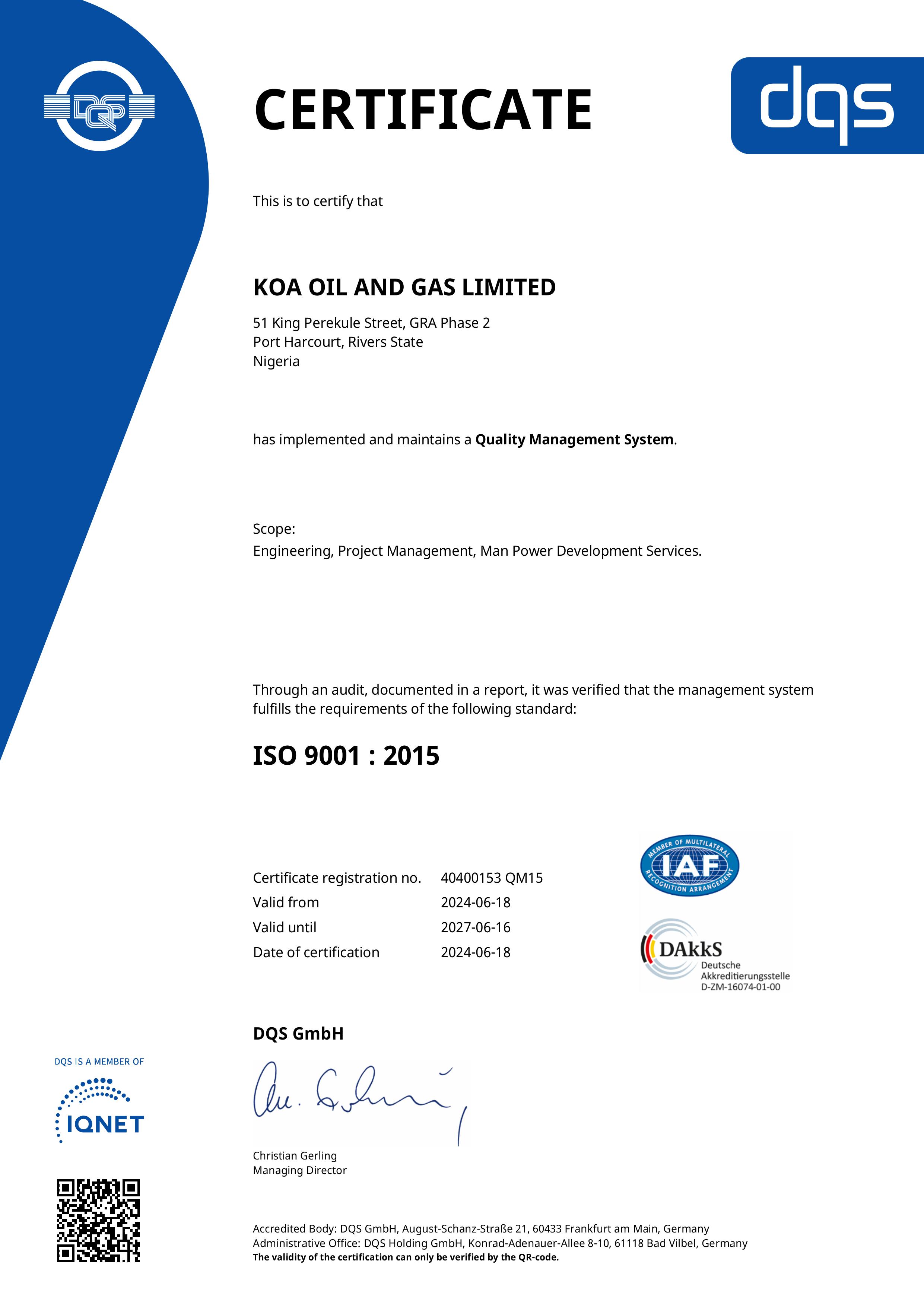KOA ISO DQS Certificate 1
